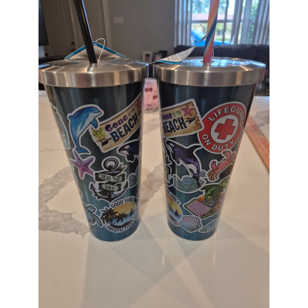Set‎ of 2 Beach Sticker Wrap 24oz Stainless Steel Insulated Tumblers with Straws - Picture 4 of 5